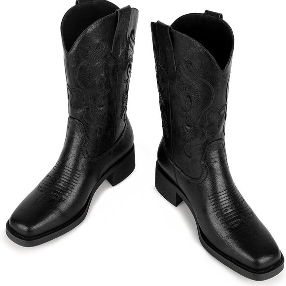 Women Cowgirl Cowboy Boots Faux Leather Rubber Sole Embroidered Square Toe - Picture 2 of 5